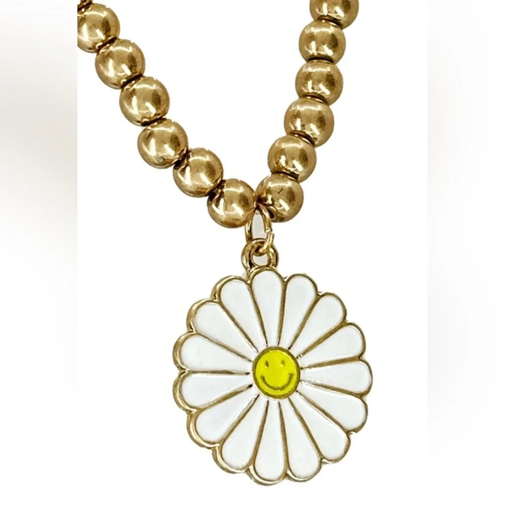 Gold Beaded Necklace with White Daisy Smile Pendant